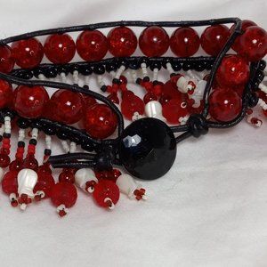 Woven Bracelet, Red Crackle Glass, Fringe, Vintage Tulips in Shell, Glass Button